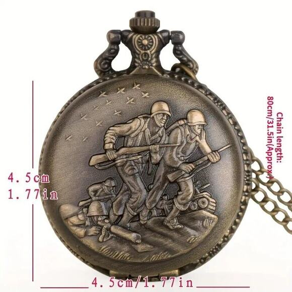 Bronze Quartz Pocket Watch Army Marine Military War Guns Tank • 31.5 Inch Chain - Picture 6 of 8